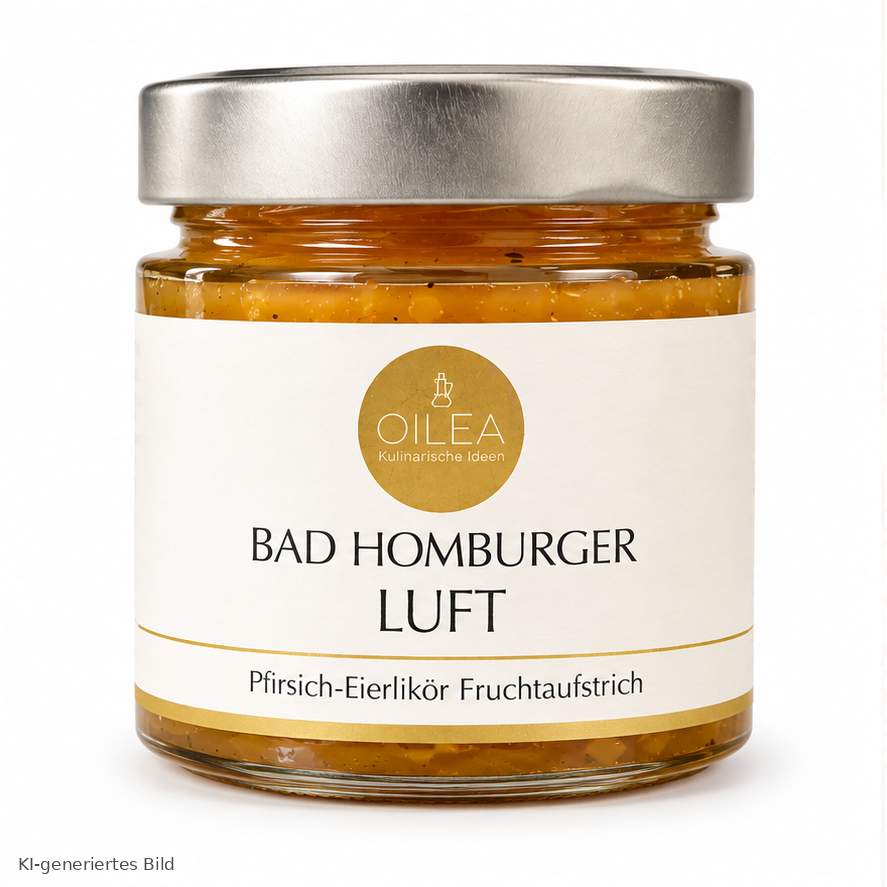 KI-generiertes freigestelltes Produktbild Bad Homburger Luft Pfirsich-Eierlikör 140 g