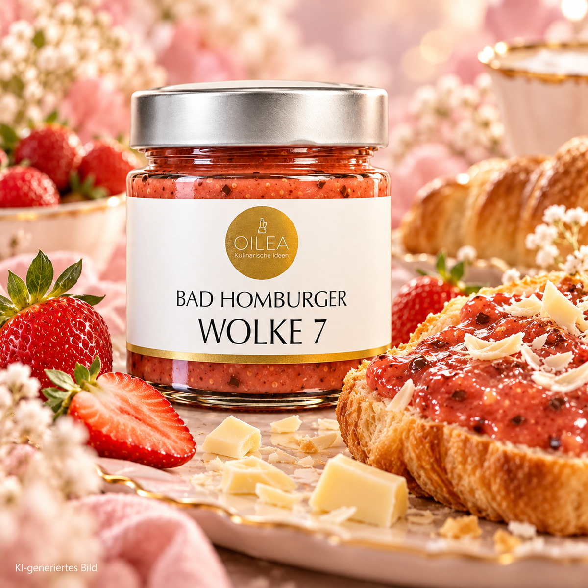 KI-generiertes Anwendungsbild Bad Homburger Wolke 7 auf Brioche mit Erdbeeren und weißer Schokolade