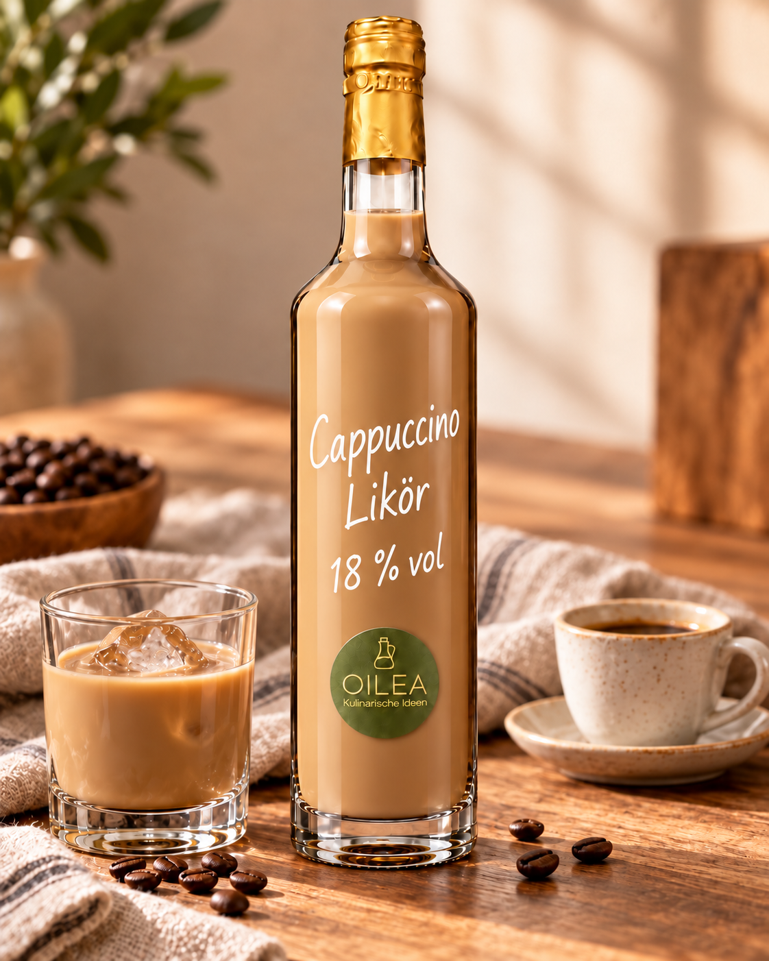 Cappuccino Likör 18 % vol in einer passenden Genuss-Szene – Serviervorschlag