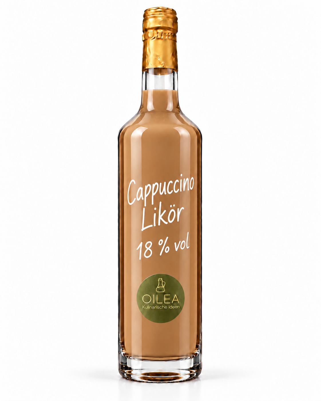 Cappuccino Likör 18 % vol in der OILEA-Geradhalsflasche auf weißem Hintergrund