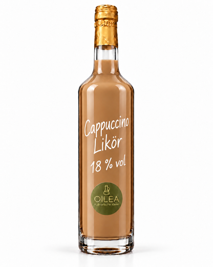Cappuccino Likör 18 % vol in der OILEA-Geradhalsflasche auf weißem Hintergrund