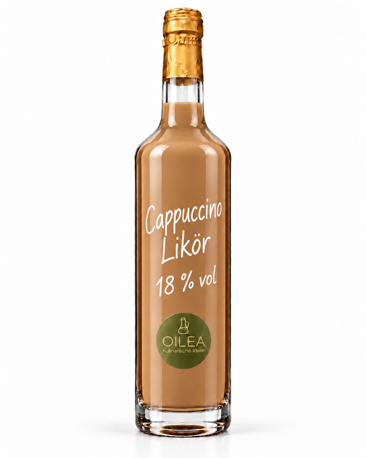 Cappuccino Likör 18 % vol in der OILEA-Geradhalsflasche auf weißem Hintergrund