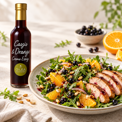 Cassis-Orange Balsamessig zu Rucola, Orange, Johannisbeeren und Geflügel – KI-generierte Produktabbildung