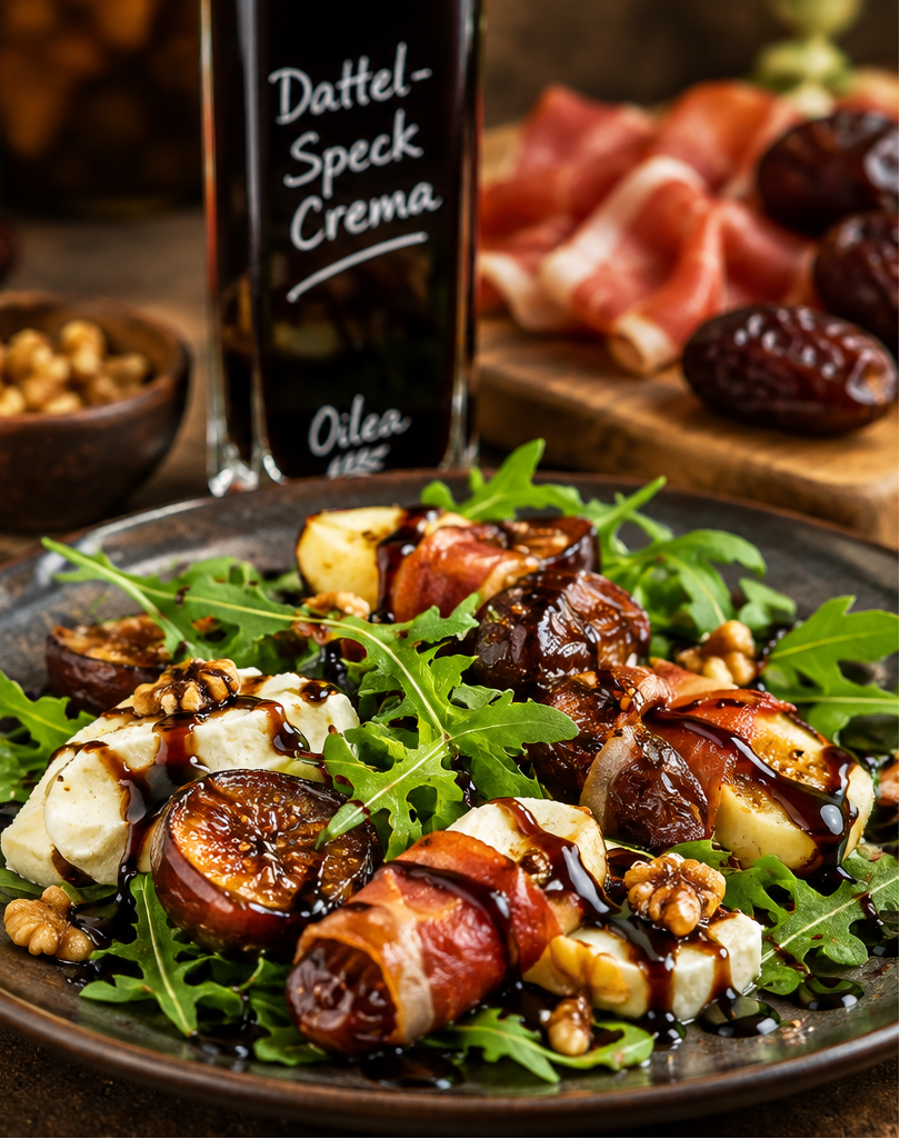 Dattel-Speck Crema Essig zu Feldsalat, Feta und Datteln im Speckmantel – KI-generierte Produktabbildung
