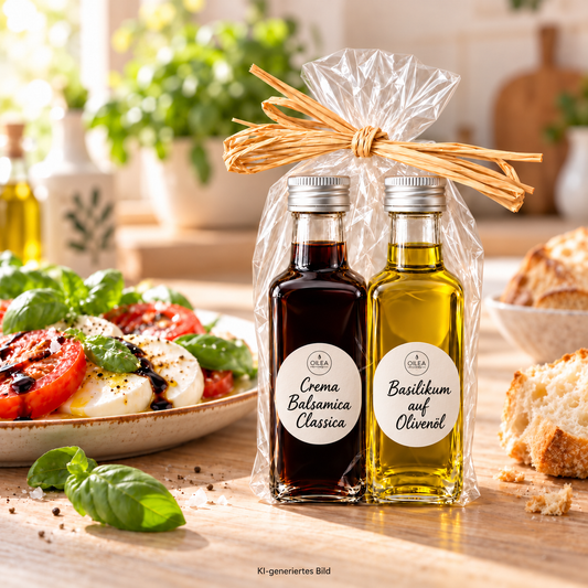 Crema Balsamica Classica und Basilikum auf Olivenöl, 2 × 100 ml, mit runden Oilea-Etiketten neben Tomate-Mozzarella – Serviervorschlag