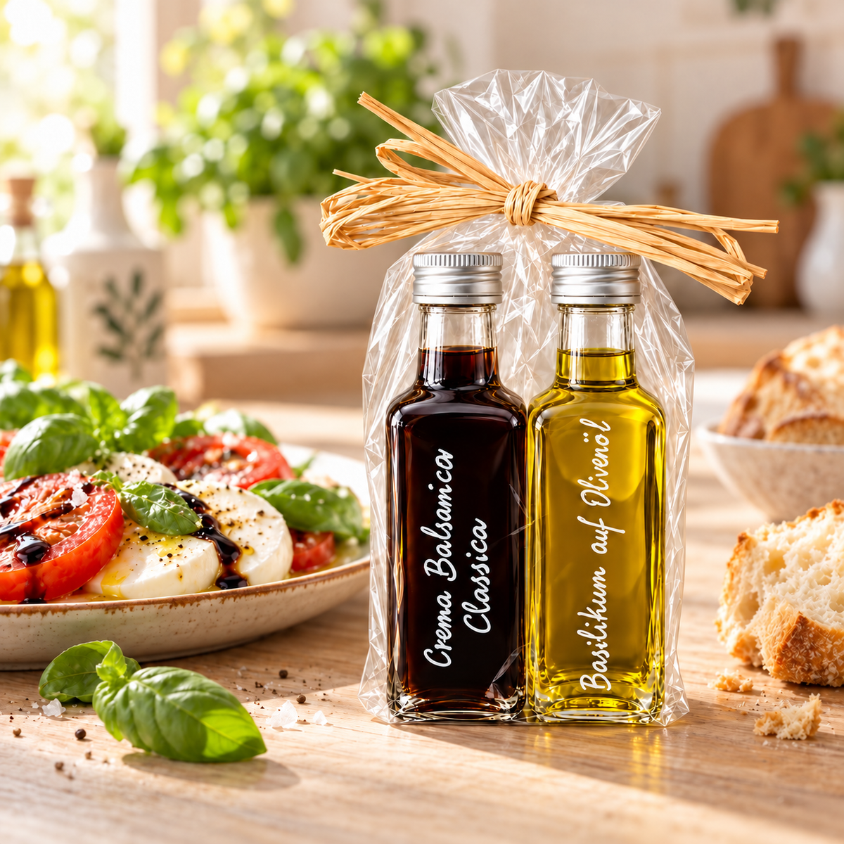 Geschenkset Balsamico Classica und Basilikum-Olivenöl, 2 × 100 ml, neben Tomate-Mozzarella mit Basilikum – Serviervorschlag
