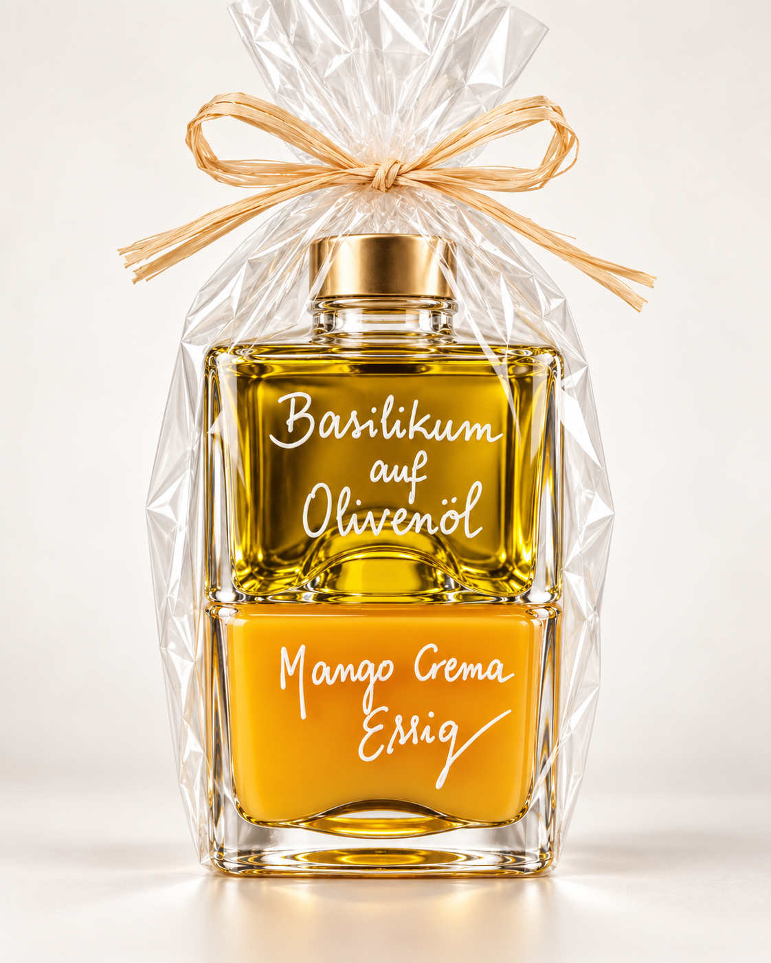 Geschenkset in Stapelflasche mit Basilikum auf Olivenöl und Mango Crema Essig