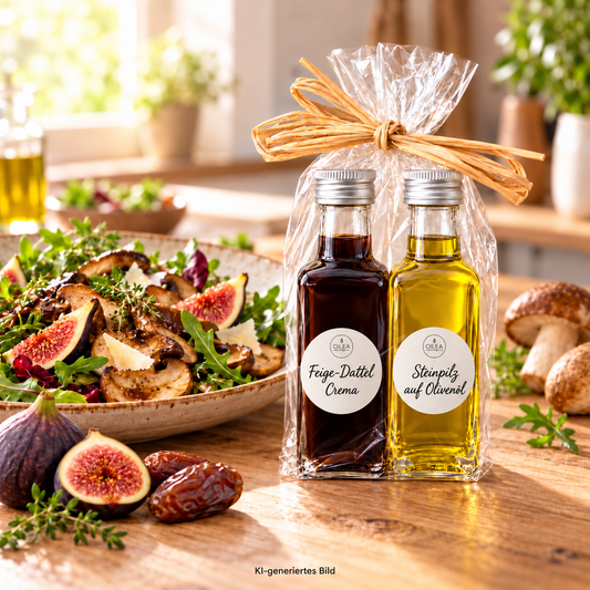 Feige-Dattel Crema und Steinpilz-Olivenöl mit runden Oilea-Etiketten neben Pilzsalat – Serviervorschlag