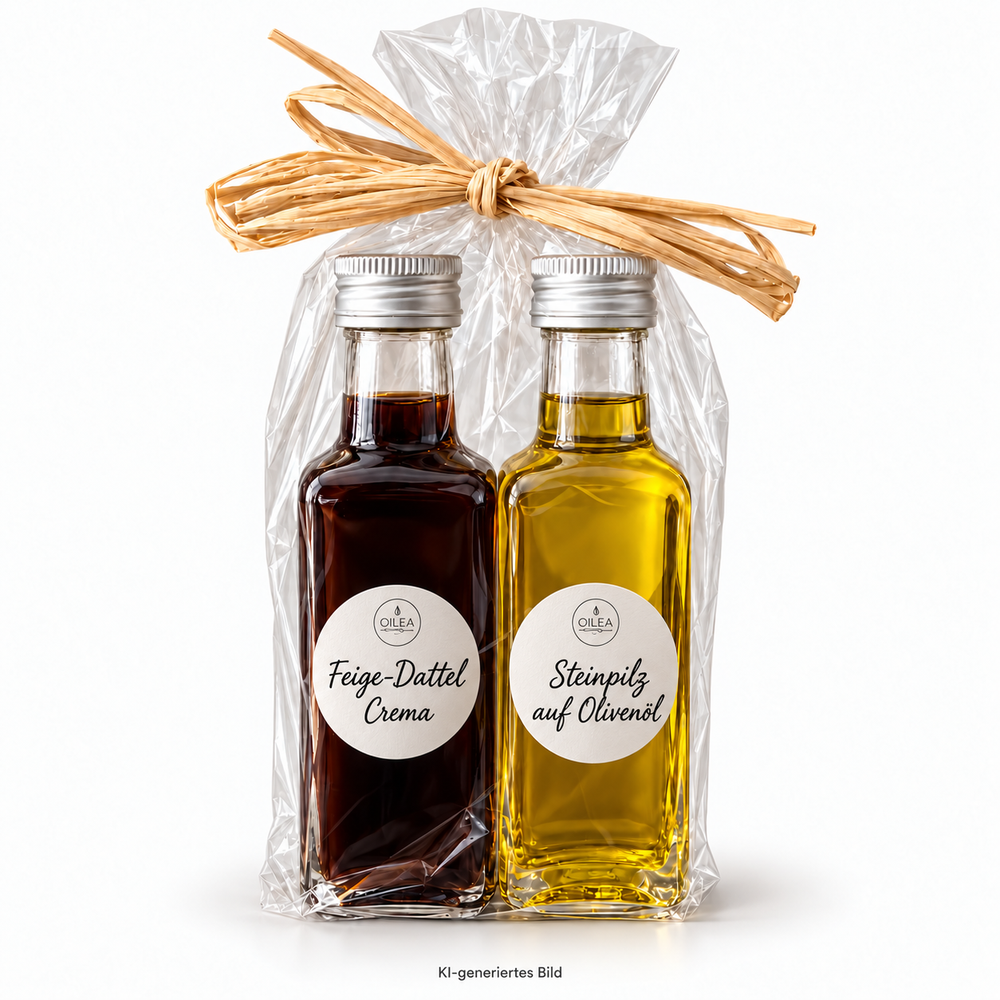 Feige-Dattel Crema und Steinpilz-Olivenöl, 2 × 100 ml, mit runden Oilea-Etiketten in Cellophan mit Bast