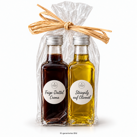 Feige-Dattel Crema und Steinpilz-Olivenöl, 2 × 100 ml, mit runden Oilea-Etiketten in Cellophan mit Bast