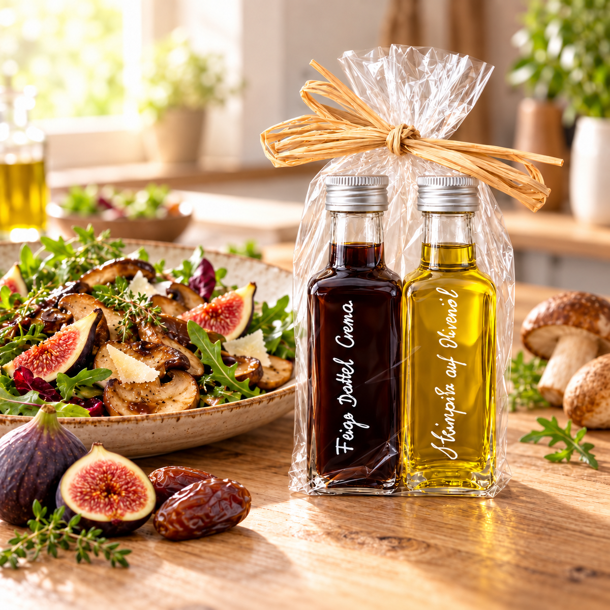 Feige-Dattel Crema und Steinpilz-Olivenöl im 2 × 100 ml Geschenkset neben Pilzsalat mit Feigen – Serviervorschlag