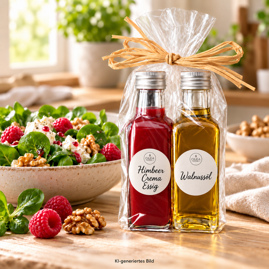 Himbeer Crema Essig und Walnussöl, 2 × 100 ml, mit runden Oilea-Etiketten neben Feldsalat mit Himbeeren und Walnüssen – Serviervorschlag