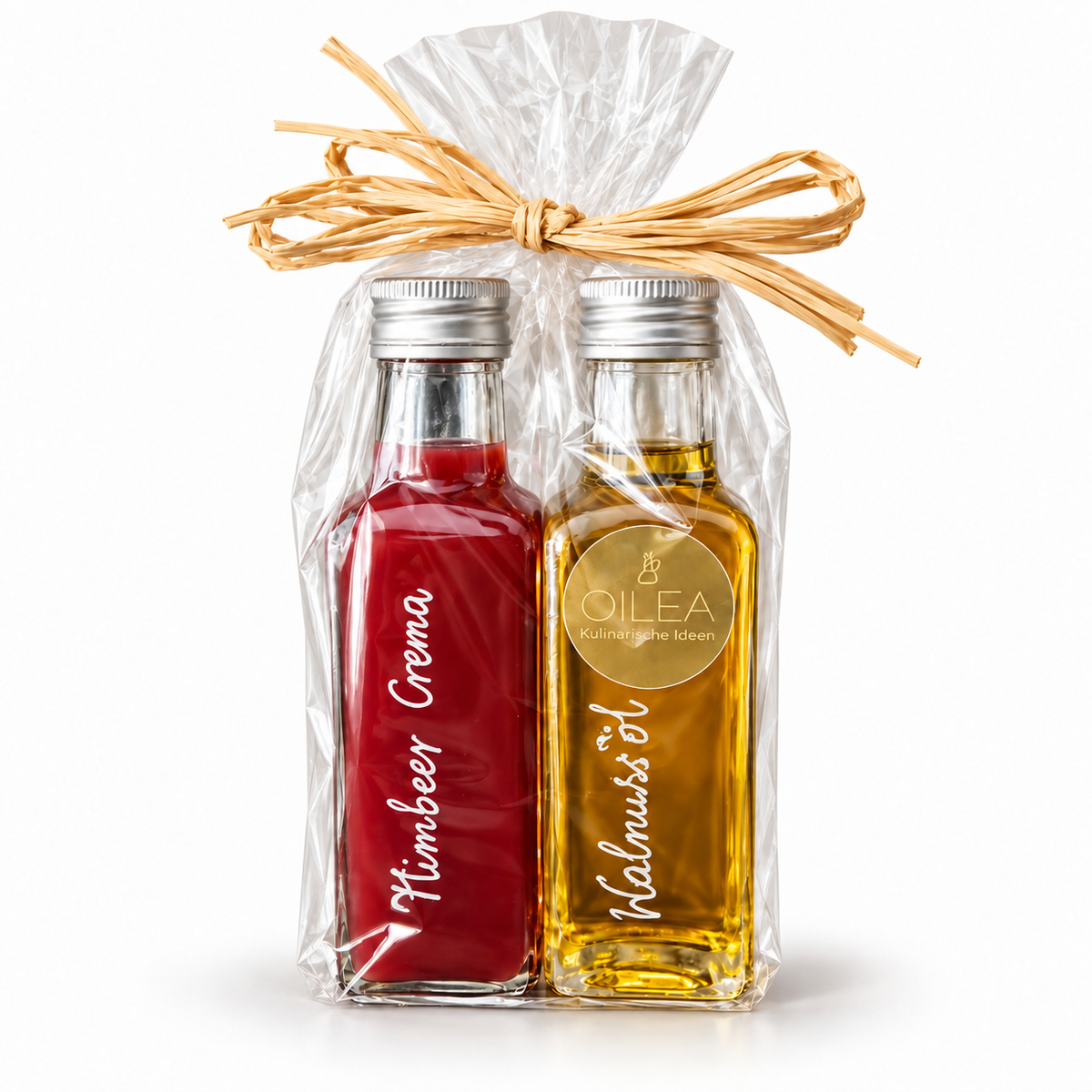 Geschenkset Himbeer Crema und Walnussöl, je 100 ml, in Cellophan mit Bast