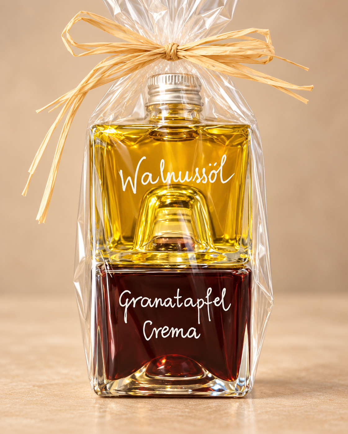 Geschenkset in Stapelflasche mit Walnussöl und Granatapfel Crema
