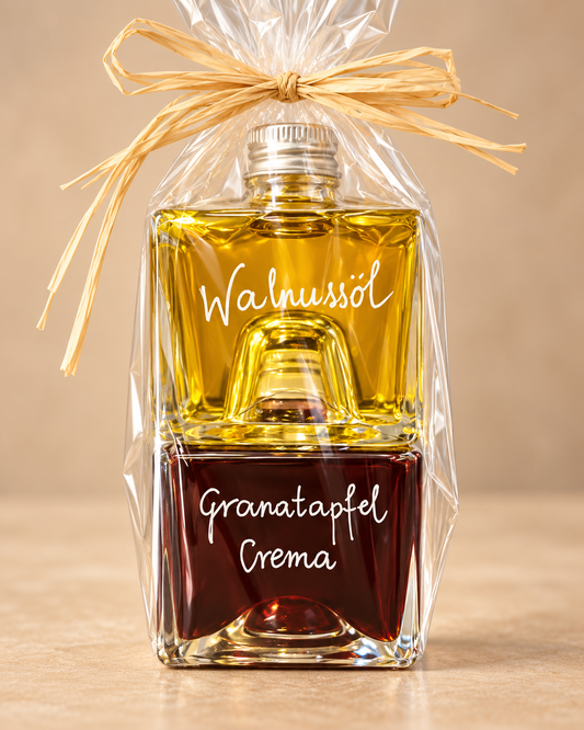 Geschenkset in Stapelflasche mit Walnussöl und Granatapfel Crema