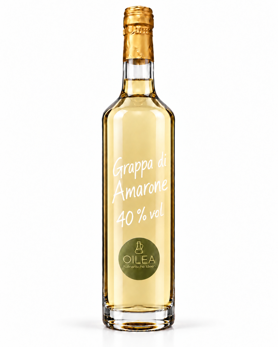 Grappa di Amarone Barricato 40 % vol in der OILEA-Geradhalsflasche auf weißem Hintergrund