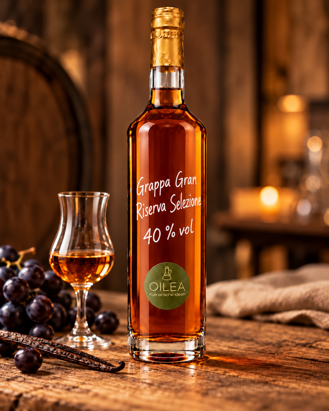 Grappa Gran Riserva Selezione 40 % vol in der OILEA-Flasche in einer passenden Genuss-Szene – Serviervorschlag