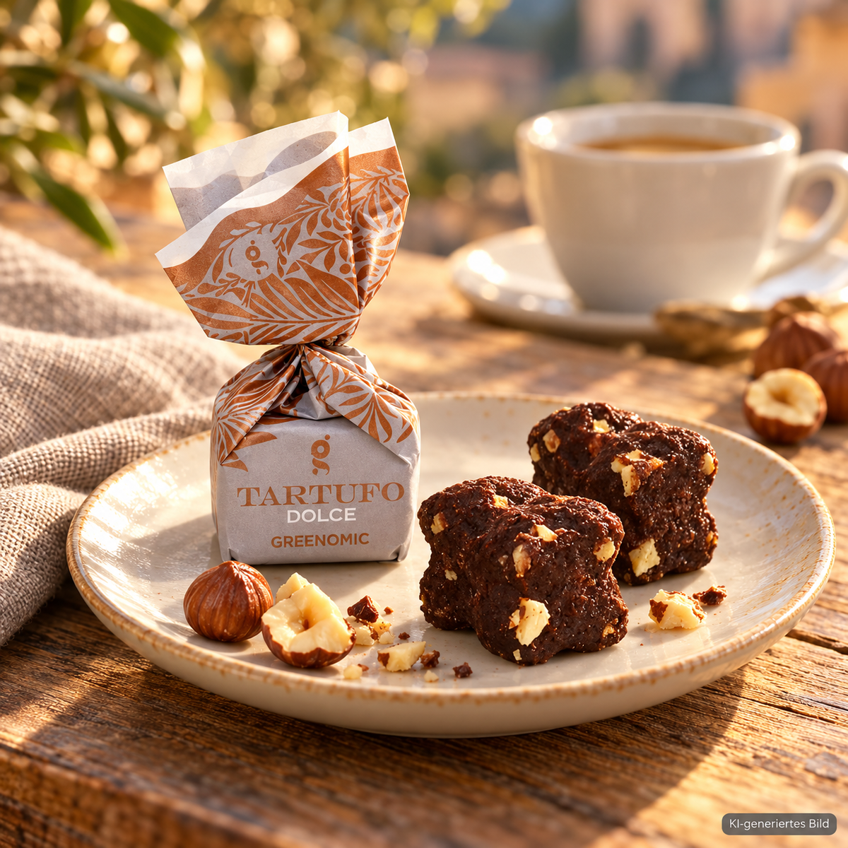 Greenomic Tartufo Dolce Neri – Schokoladen-Haselnusspralinen zum Kaffee in warmem Ambiente