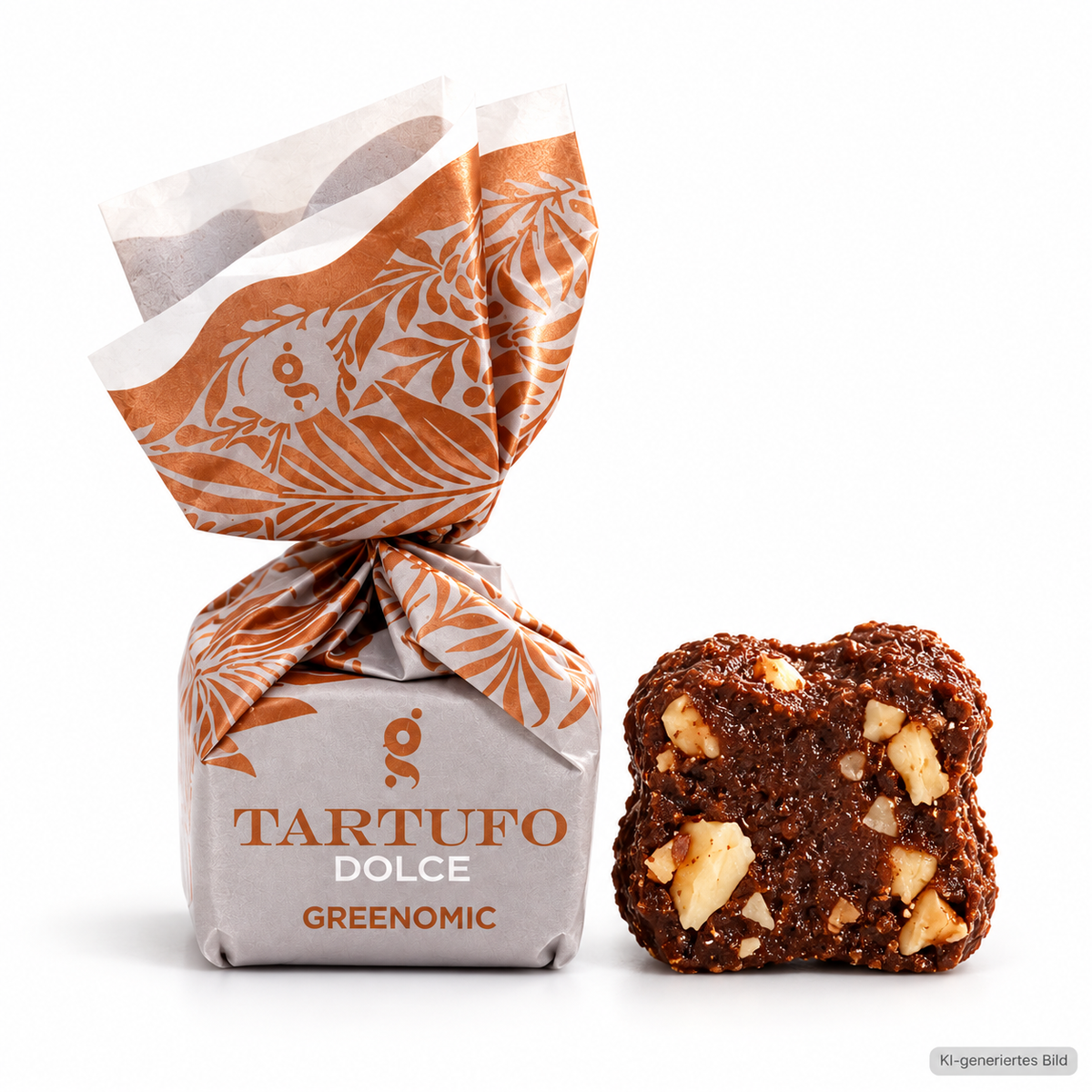 Greenomic Tartufo Dolce Neri – verpackte Trüffelpraline und aufgeschnittene Schokoladen-Haselnusspraline auf weißem Hintergrund