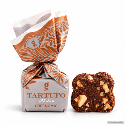 Greenomic Tartufo Dolce Neri – verpackte Trüffelpraline und aufgeschnittene Schokoladen-Haselnusspraline auf weißem Hintergrund