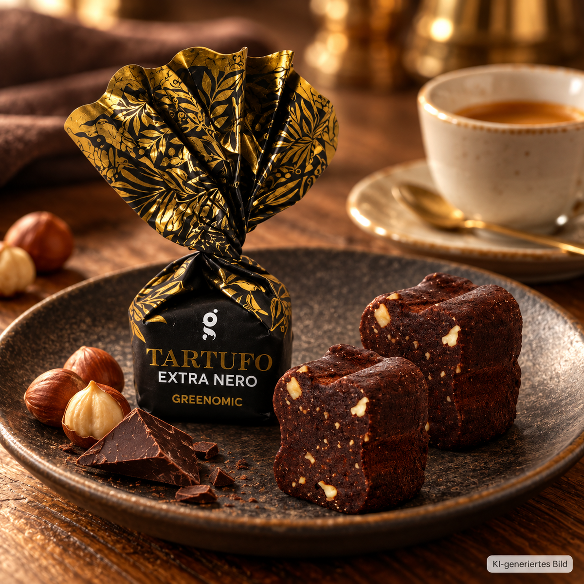Greenomic Tartufo Extra Neri – dunkle Haselnusspralinen mit Espresso in warmem Café-Ambiente