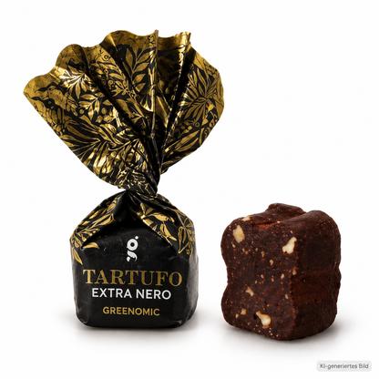 Greenomic Tartufo Extra Neri – dunkle Trüffelpraline mit Haselnuss und schwarz-goldener Einzelverpackung