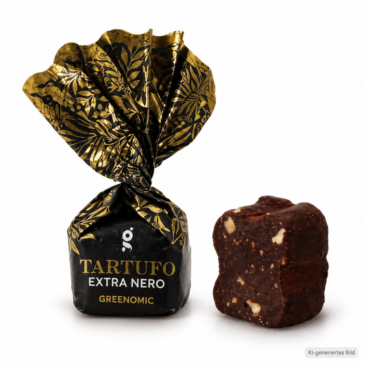 Greenomic Tartufo Extra Neri – dunkle Trüffelpraline mit Haselnuss und schwarz-goldener Einzelverpackung