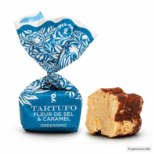 Greenomic Tartufo Fleur de Sel & Caramel – Salzkaramell-Trüffelpraline und blaue Einzelverpackung auf weißem Hintergrund