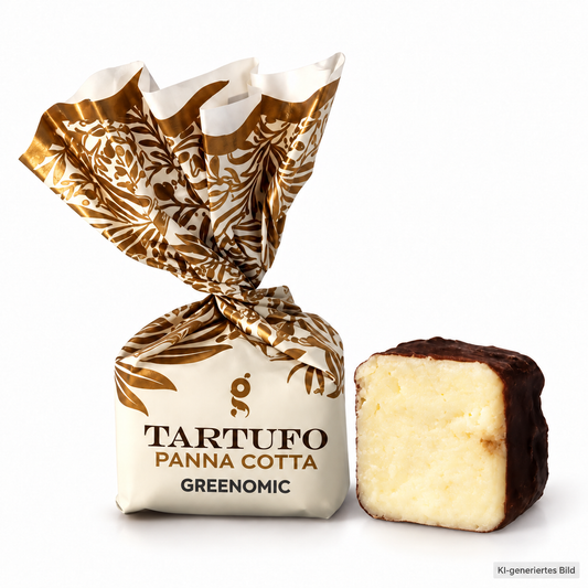 Greenomic Tartufo Panna Cotta – einzeln verpackte Trüffelpraline und Anschnitt auf weißem Hintergrund