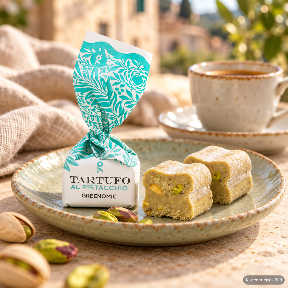 Greenomic Tartufo Al Pistacchio – Pistazienpralinen mit Kaffee und Pistazien in warmem Ambiente