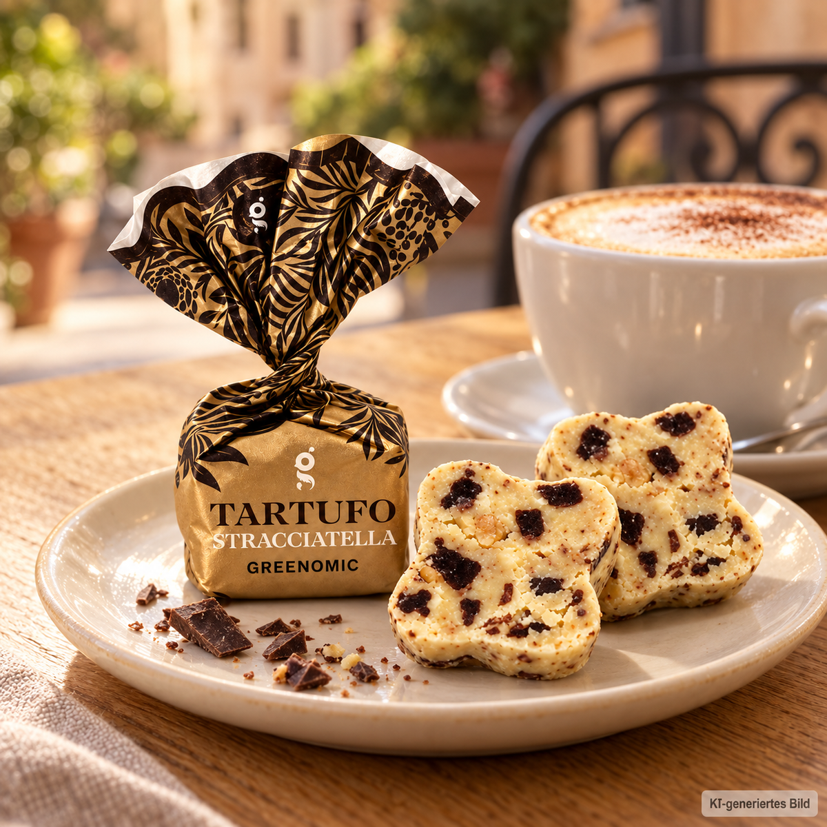 Greenomic Tartufo Stracciatella – weiße Schokoladentrüffel mit dunklen Schokostückchen zum Cappuccino