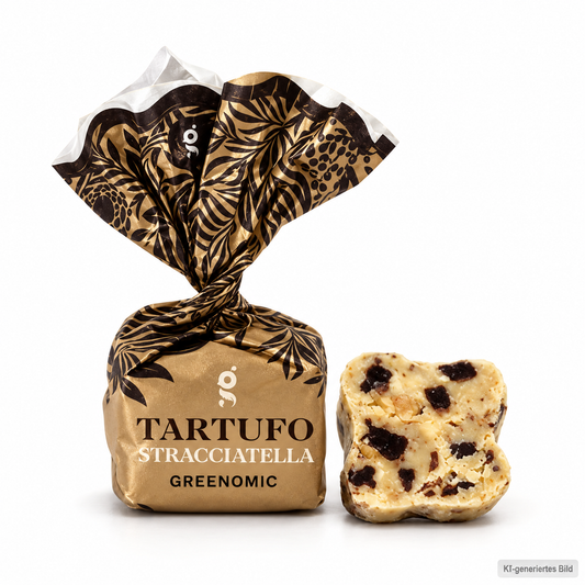 Greenomic Tartufo Stracciatella – weiße Schokoladenpraline mit dunklen Schokostückchen und gold-schwarzer Einzelverpackung