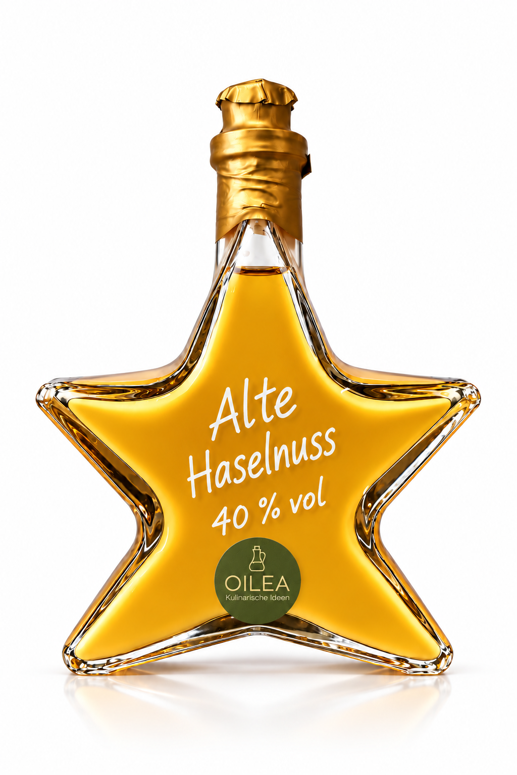 Alte Haselnuss 40 % vol in der OILEA-Sternflasche mit 200 ml, goldfarbenem Verschluss und olivgrünem OILEA-Aufkleber auf weißem Hintergrund