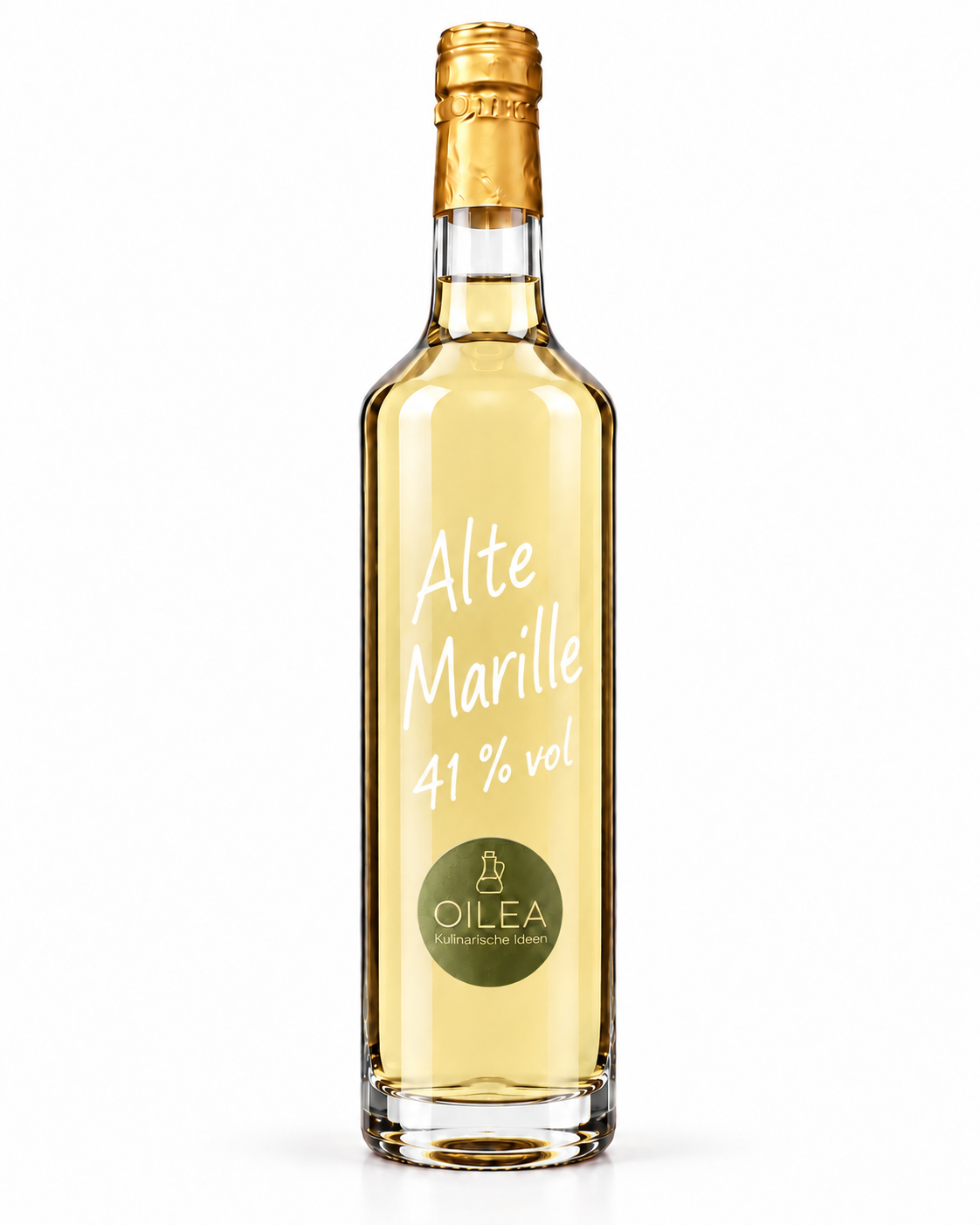 Alte Marille 41 % vol mit heller goldgelber Füllung in der OILEA-Geradhalsflasche auf weißem Hintergrund