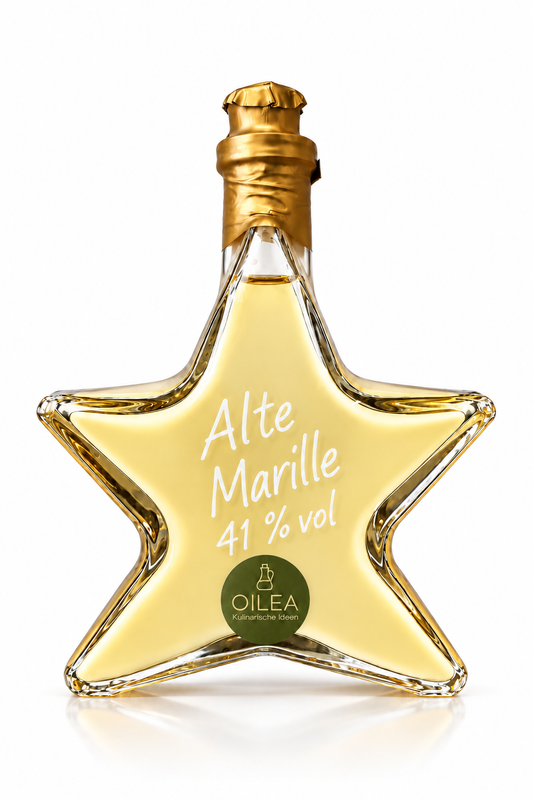 Alte Marille 41 % vol in der OILEA-Sternflasche mit 200 ml, goldfarbenem Verschluss und olivgrünem OILEA-Aufkleber auf weißem Hintergrund