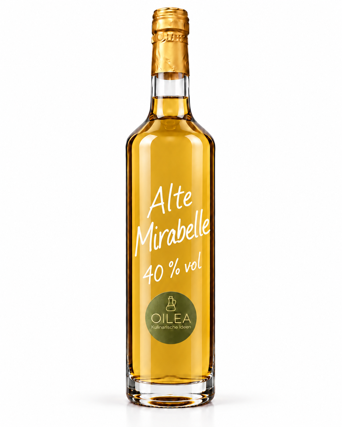 Alte Mirabelle 40 % vol mit goldgelber Füllung in der OILEA-Geradhalsflasche auf weißem Hintergrund