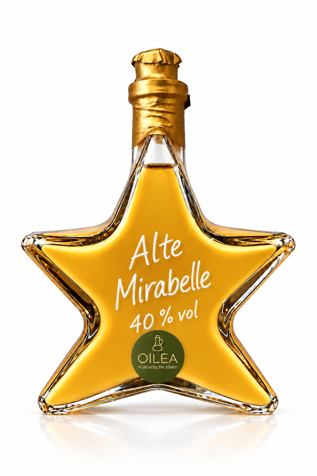 Alte Mirabelle 40 % vol in der OILEA-Sternflasche mit 200 ml, goldfarbenem Verschluss und olivgrünem OILEA-Aufkleber auf weißem Hintergrund