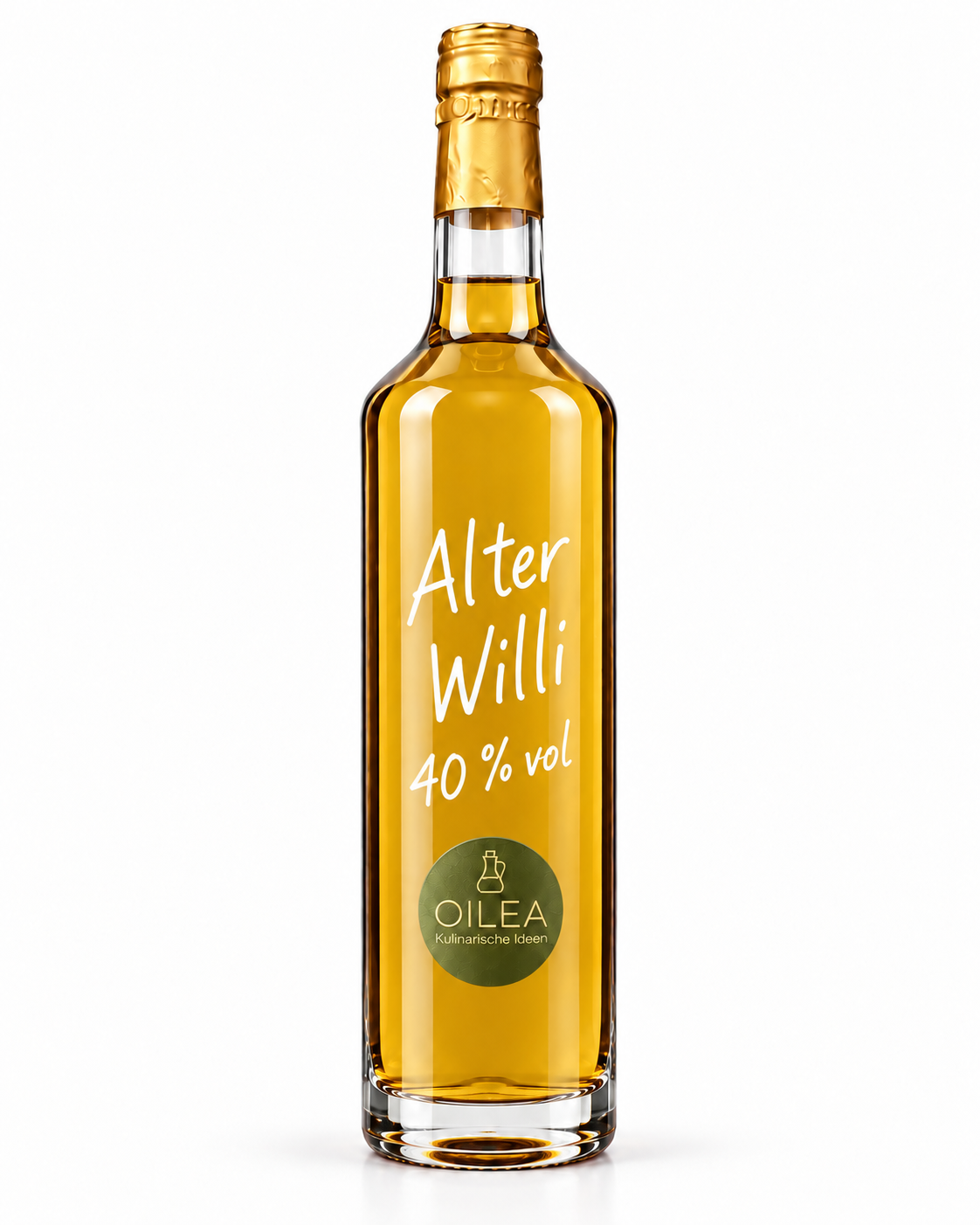 Alter Willi 40 % vol mit goldgelber Füllung in der OILEA-Geradhalsflasche auf weißem Hintergrund