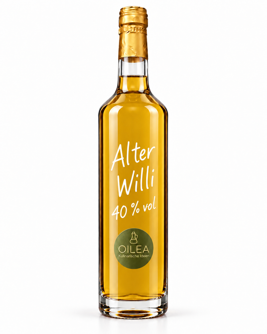Alter Willi 40 % vol mit goldgelber Füllung in der OILEA-Geradhalsflasche auf weißem Hintergrund