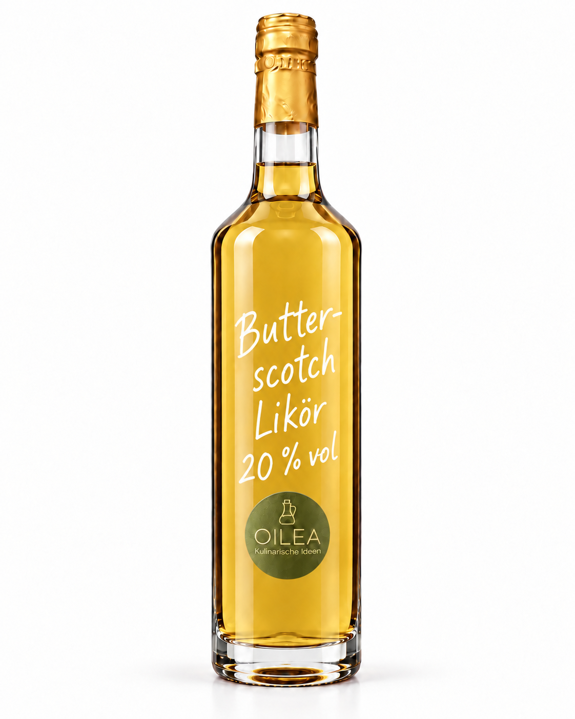 Butterscotch Likör mit 20 % vol in einer OILEA-Geradhalsflasche mit goldfarbenem Verschluss und olivgrünem OILEA-Aufkleber