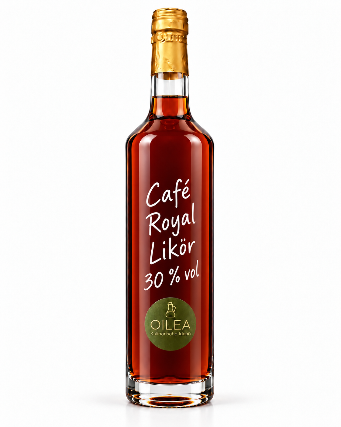 Café Royal Likör 30 % vol mit rötlich-brauner Füllung in der OILEA-Geradhalsflasche auf weißem Hintergrund