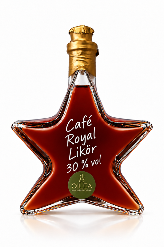 Café Royal Likör 30 % vol in der OILEA-Sternflasche mit 200 ml, goldfarbenem Verschluss und olivgrünem OILEA-Aufkleber auf weißem Hintergrund