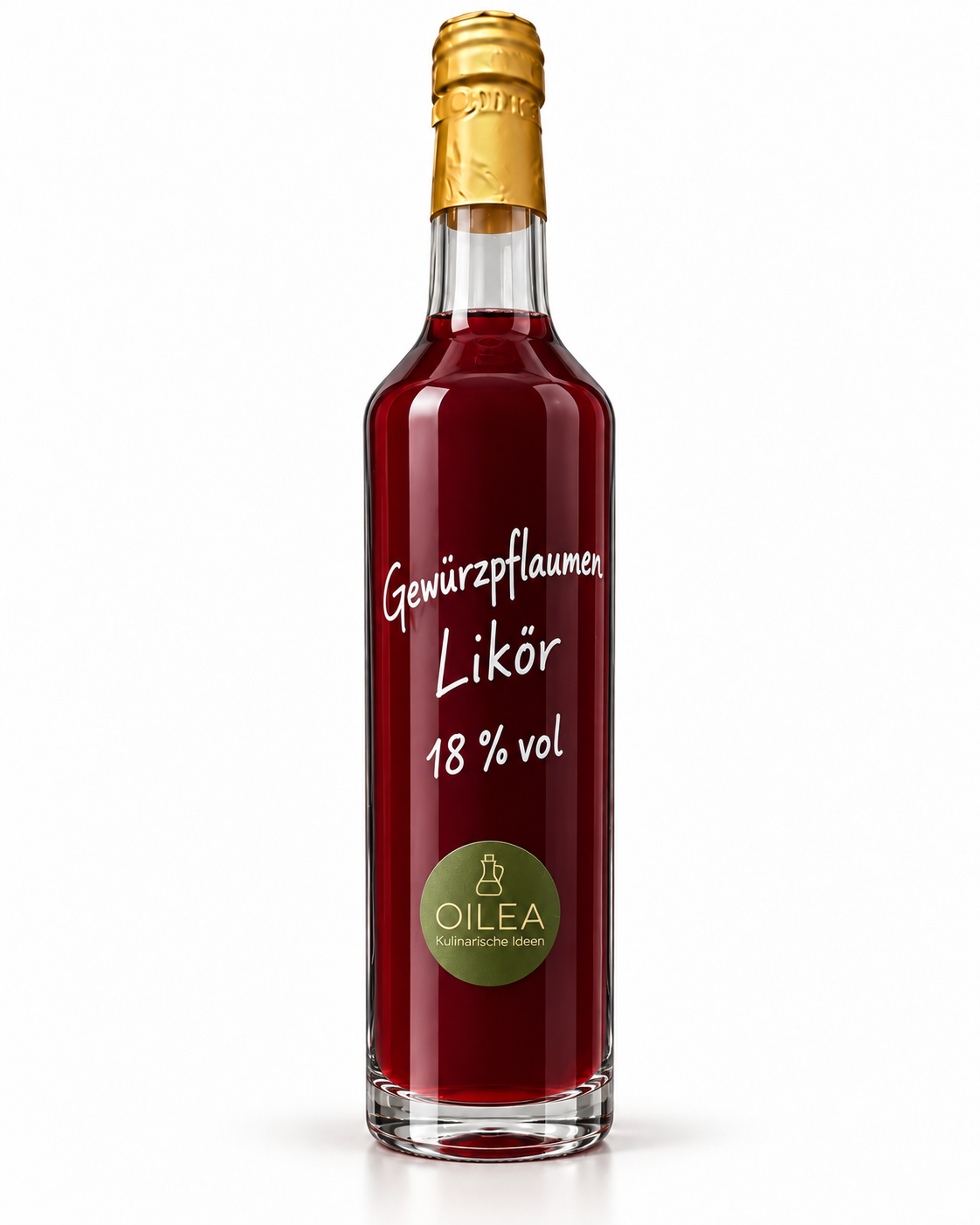 Gewürzpflaumen Likör 18 % vol in der schmalen OILEA-Geradhalsflasche 250 ml auf weißem Hintergrund