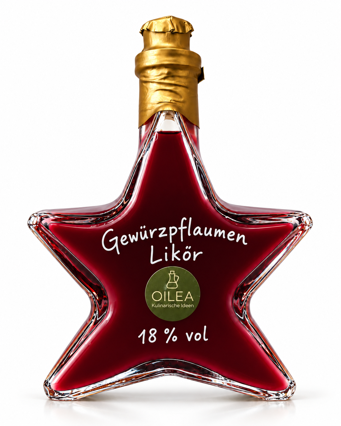 Gewürzpflaumen Likör 18 % vol in der OILEA-Sternflasche 200 ml auf weißem Hintergrund