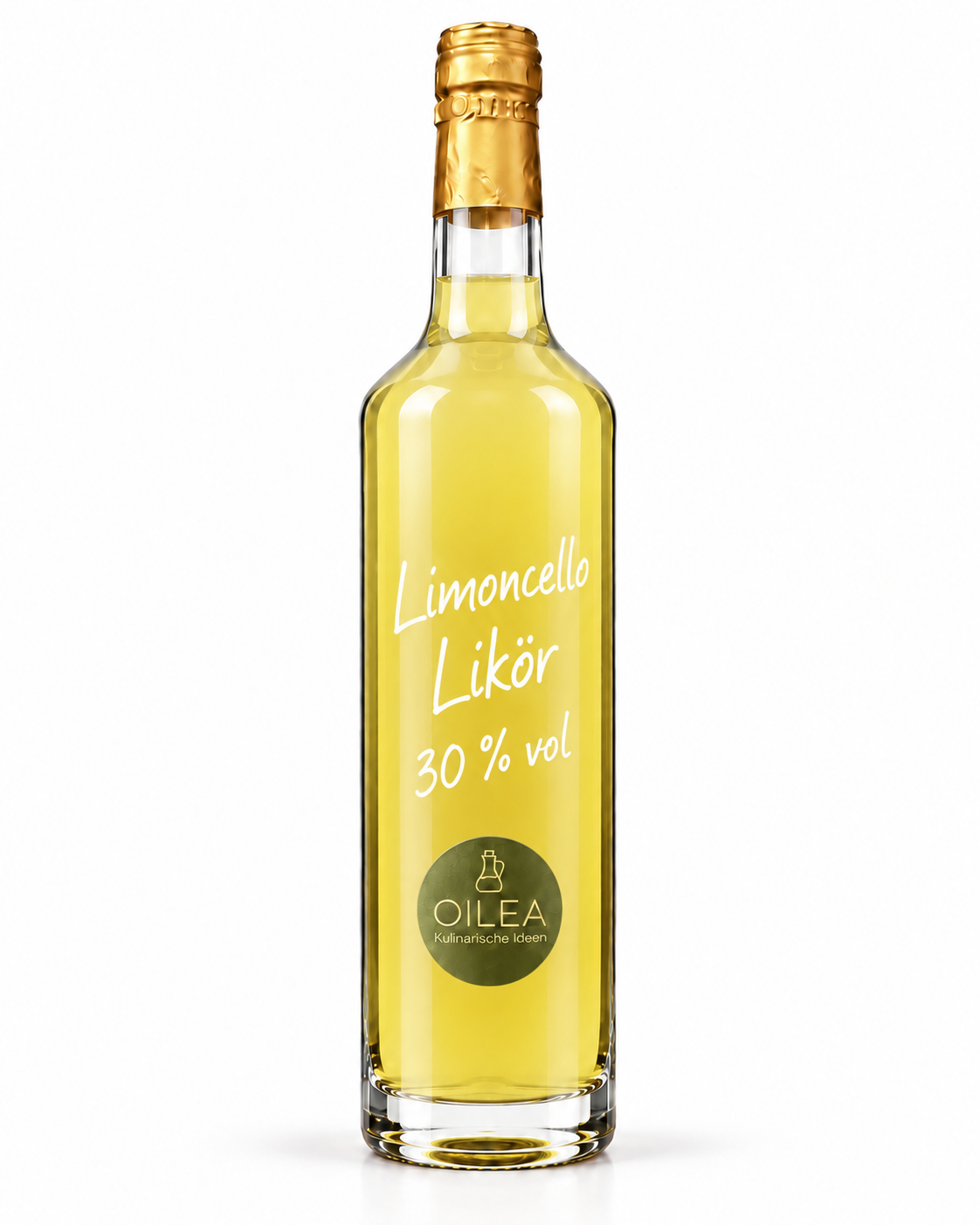 Limoncello Likör 30 % vol mit zitronengelber Füllung in der OILEA-Geradhalsflasche auf weißem Hintergrund