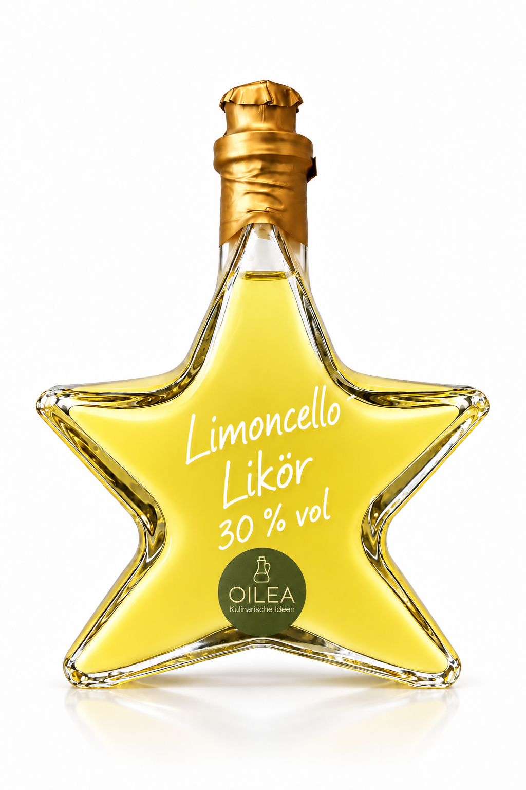 Limoncello Likör 30 % vol in der OILEA-Sternflasche mit 200 ml, goldfarbenem Verschluss und olivgrünem OILEA-Aufkleber auf weißem Hintergrund