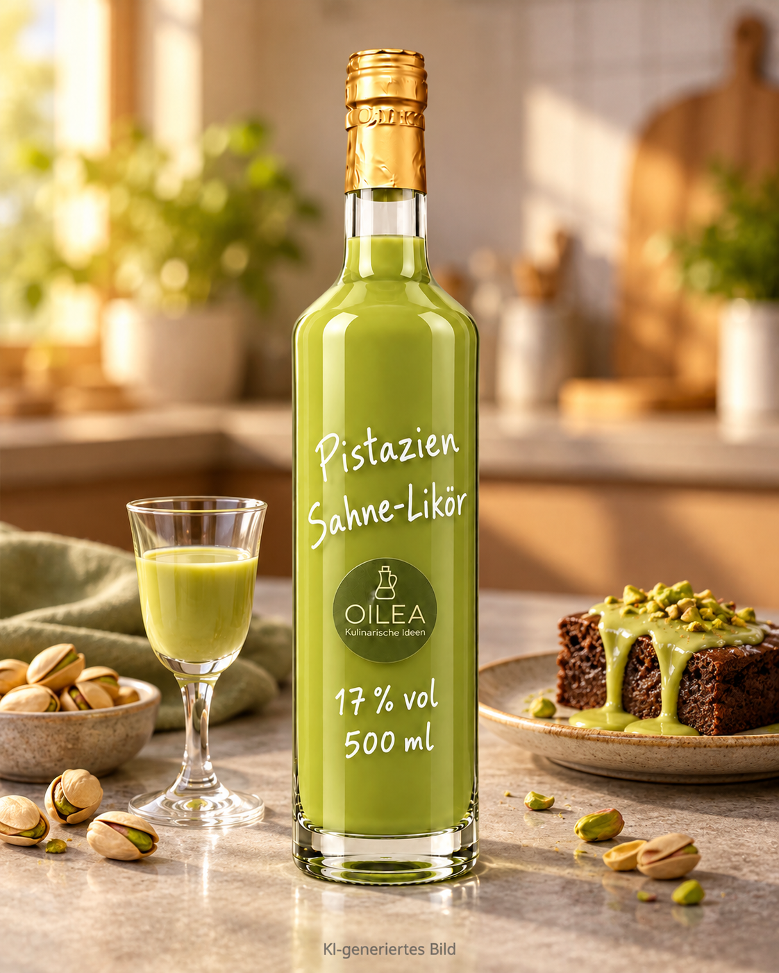 Pistazien Sahne-Likör 17 % vol in der OILEA-Flasche 500 ml mit Likörglas, Pistazien und Schokoladenbrownie