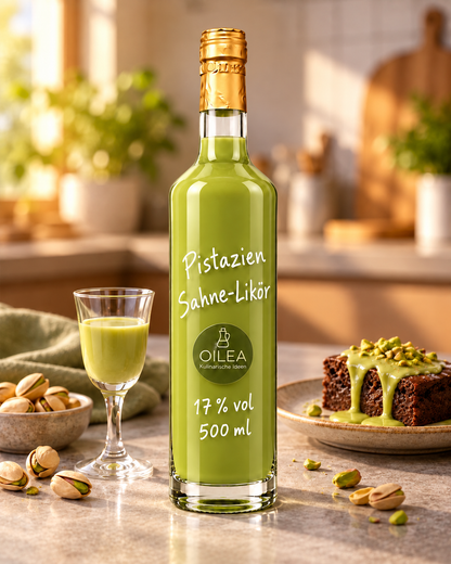 Pistazien Sahne-Likör 17 % vol in der OILEA-Flasche 500 ml mit Likörglas, Pistazien und Schokoladenbrownie