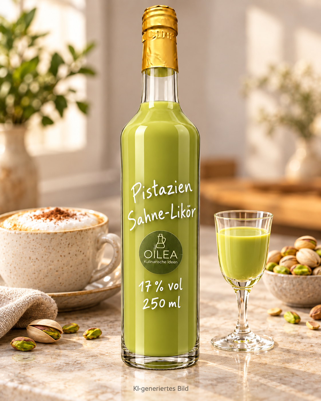 Pistazien Sahne-Likör 17 % vol in der OILEA-Geradhalsflasche 250 ml neben Cappuccino, Likörglas und Pistazien