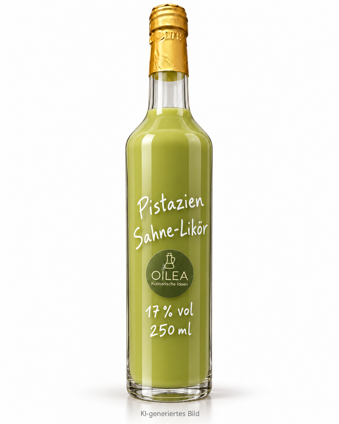 Pistazien Sahne-Likör 17 % vol in der schmalen OILEA-Geradhalsflasche 250 ml auf weißem Hintergrund